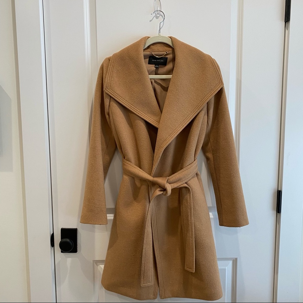 Camel wrap coat belted